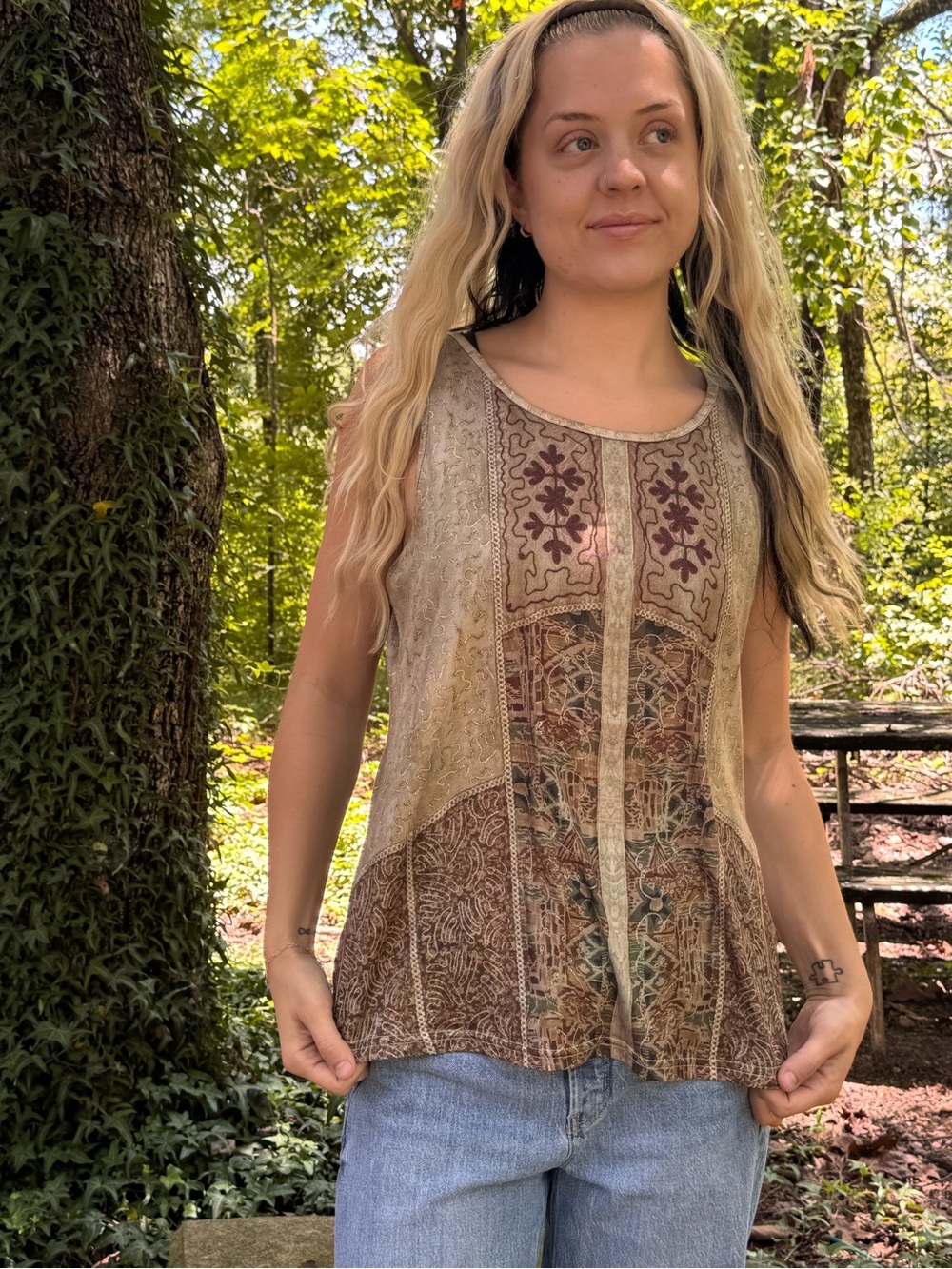 Earthy Bohemian Mixed-Print Scoop Neck Tank